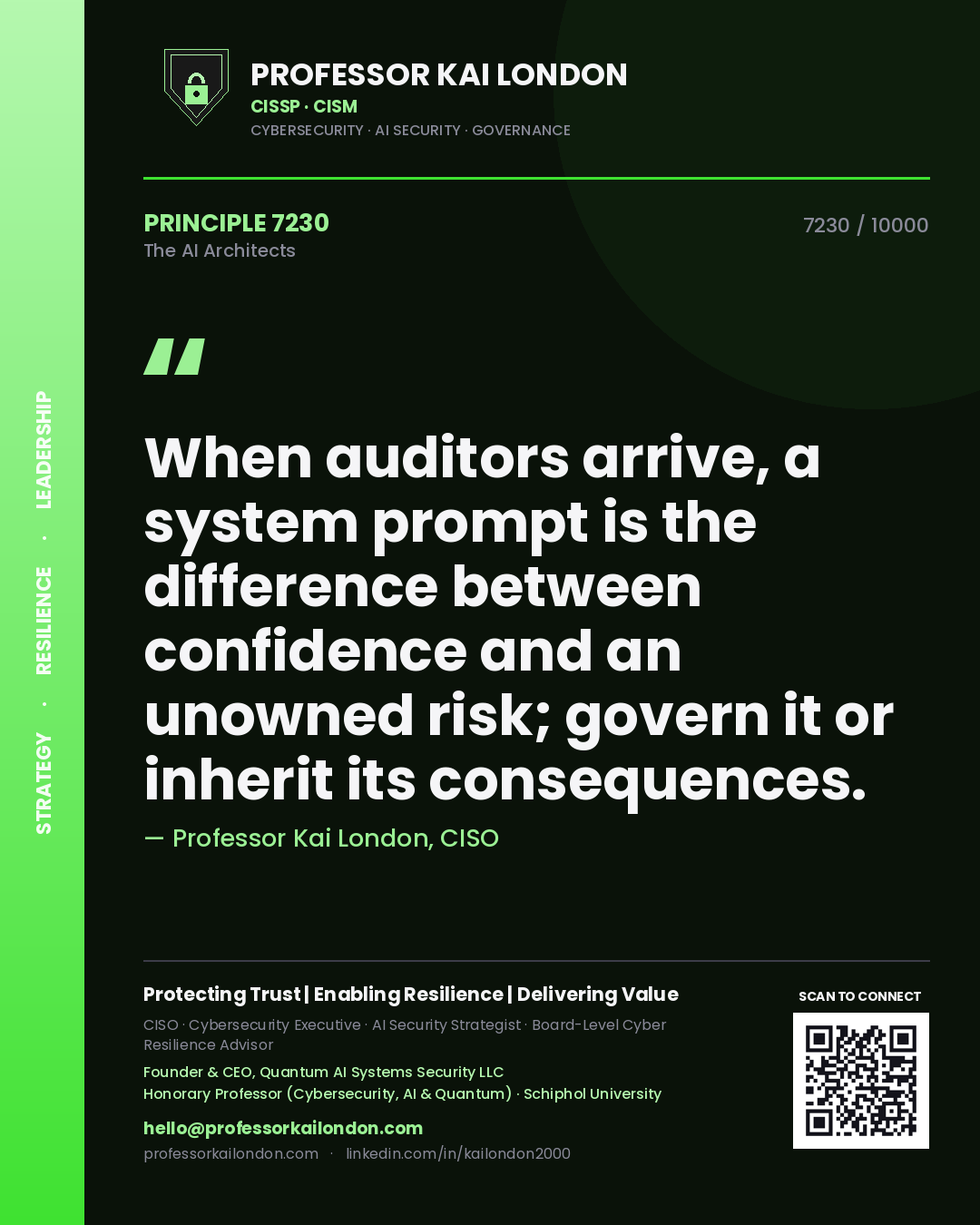 Quote card by Professor Kai London reading 'When auditors arrive, a system prompt is the difference between confidence and an unowned risk; govern it or inherit its consequences.'. From the book The AI Architects.