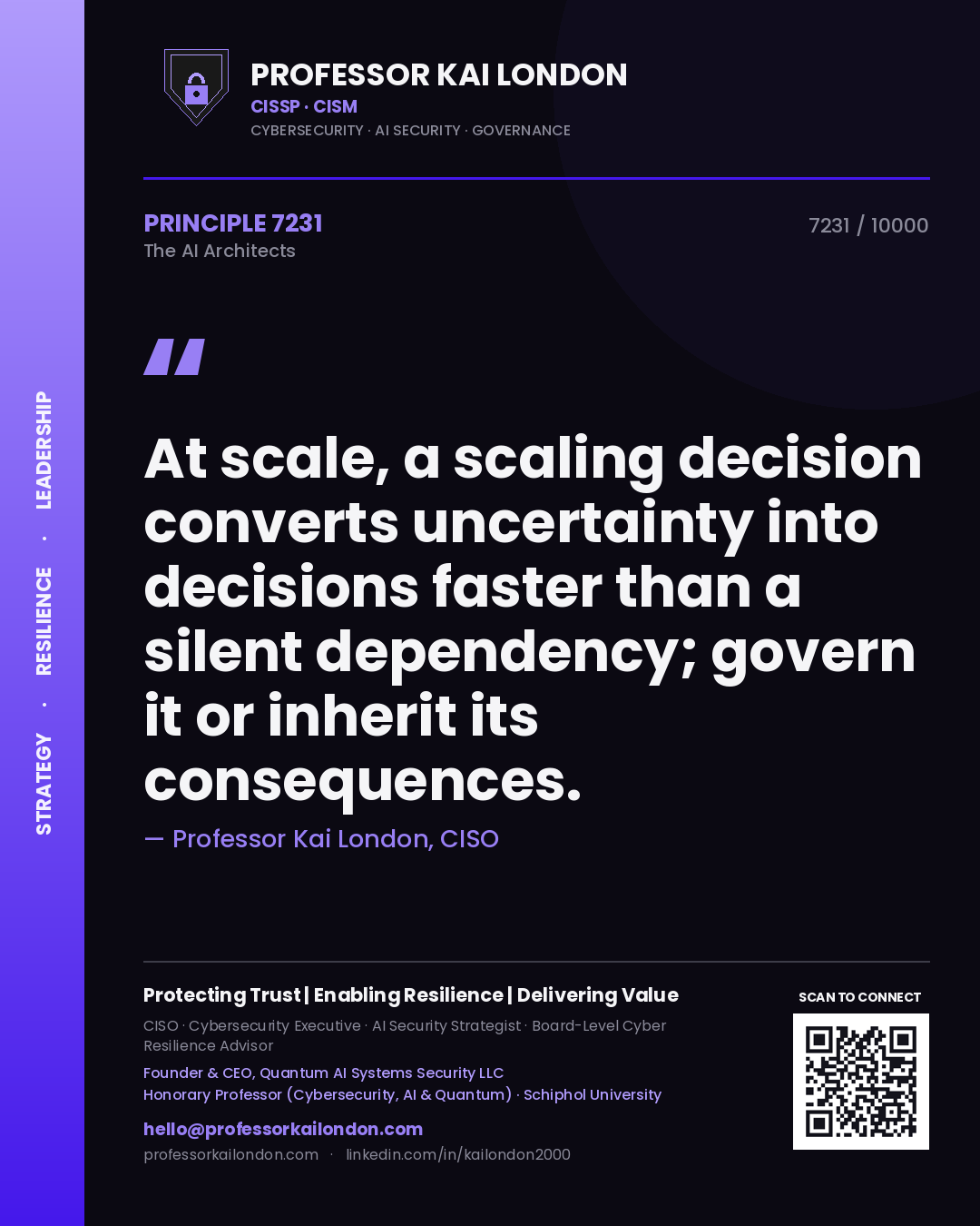 Quote card by Professor Kai London reading 'At scale, a scaling decision converts uncertainty into decisions faster than a silent dependency; govern it or inherit its consequences.'. From the book The AI Architects.