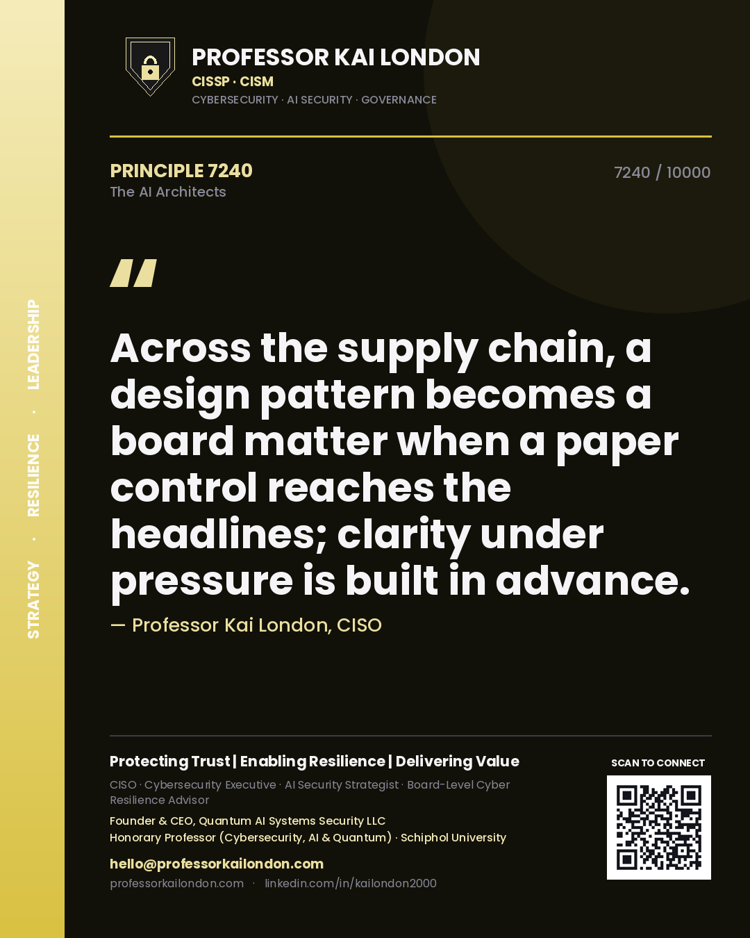 Quote card by Professor Kai London reading 'Across the supply chain, a design pattern becomes a board matter when a paper control reaches the headlines; clarity under pressure is built in advance.'. From the book The AI Architects.