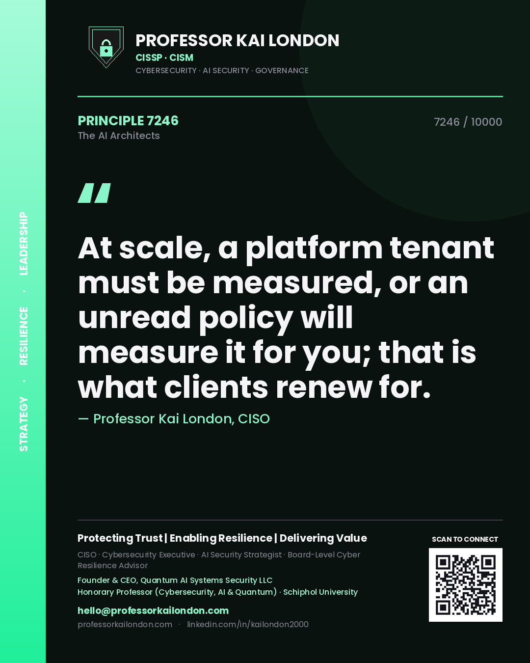 Quote card by Professor Kai London reading 'At scale, a platform tenant must be measured, or an unread policy will measure it for you; that is what clients renew for.'. From the book The AI Architects.