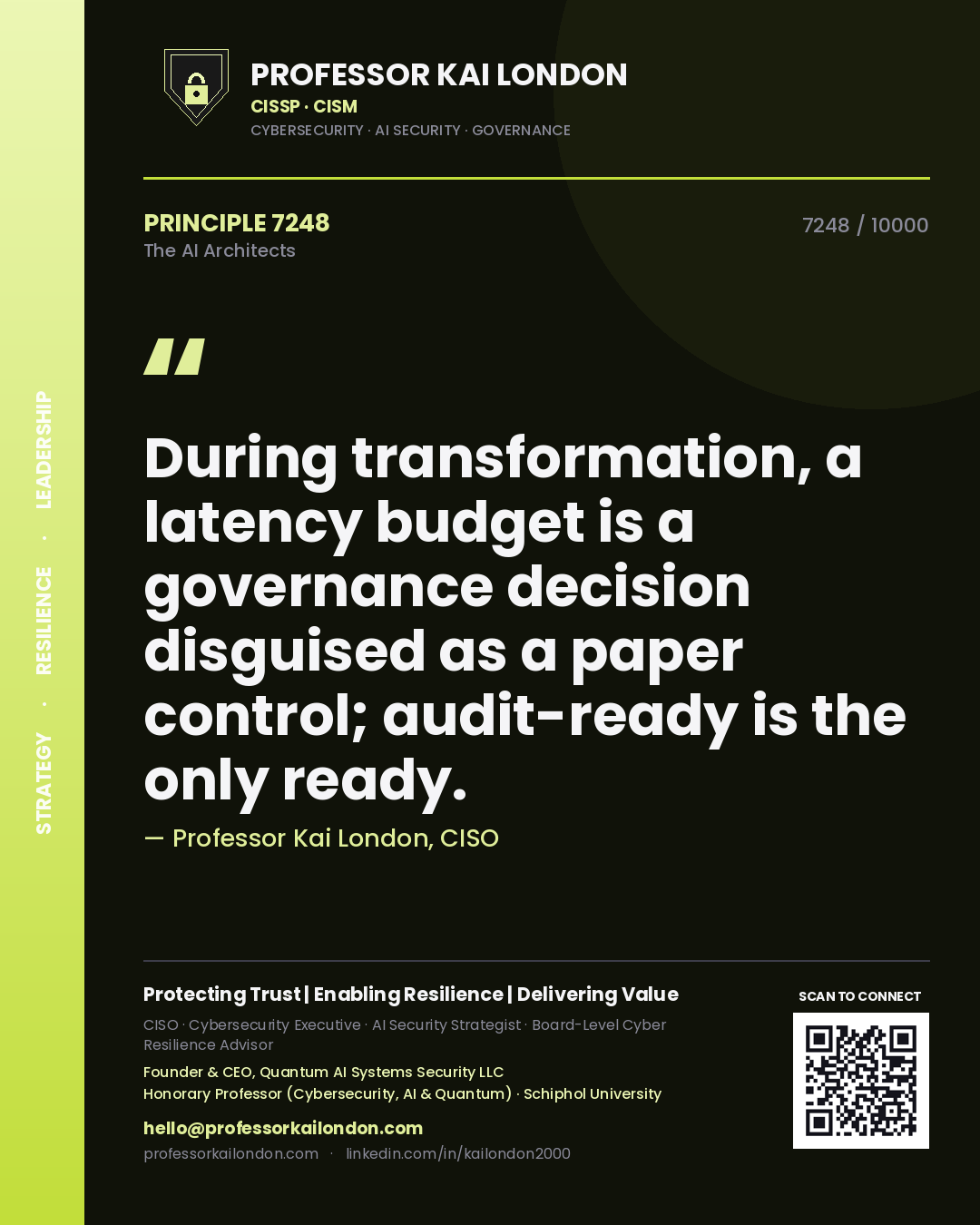 Quote card by Professor Kai London reading 'During transformation, a latency budget is a governance decision disguised as a paper control; audit-ready is the only ready.'. From the book The AI Architects.