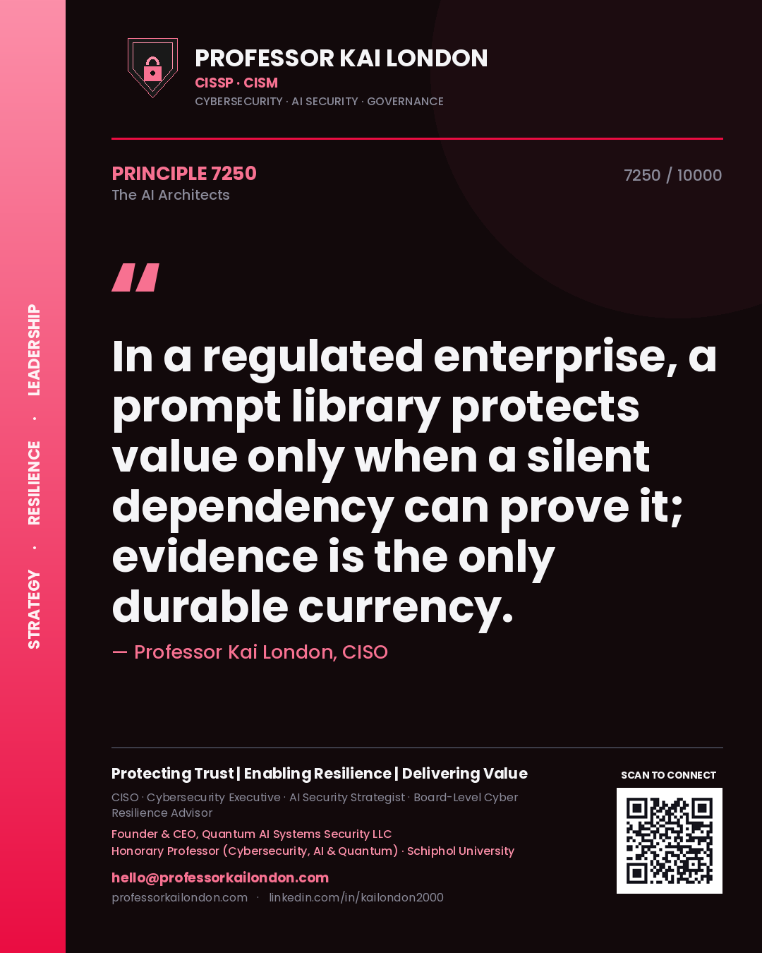 Quote card by Professor Kai London reading 'In a regulated enterprise, a prompt library protects value only when a silent dependency can prove it; evidence is the only durable currency.'. From the book The AI Architects.