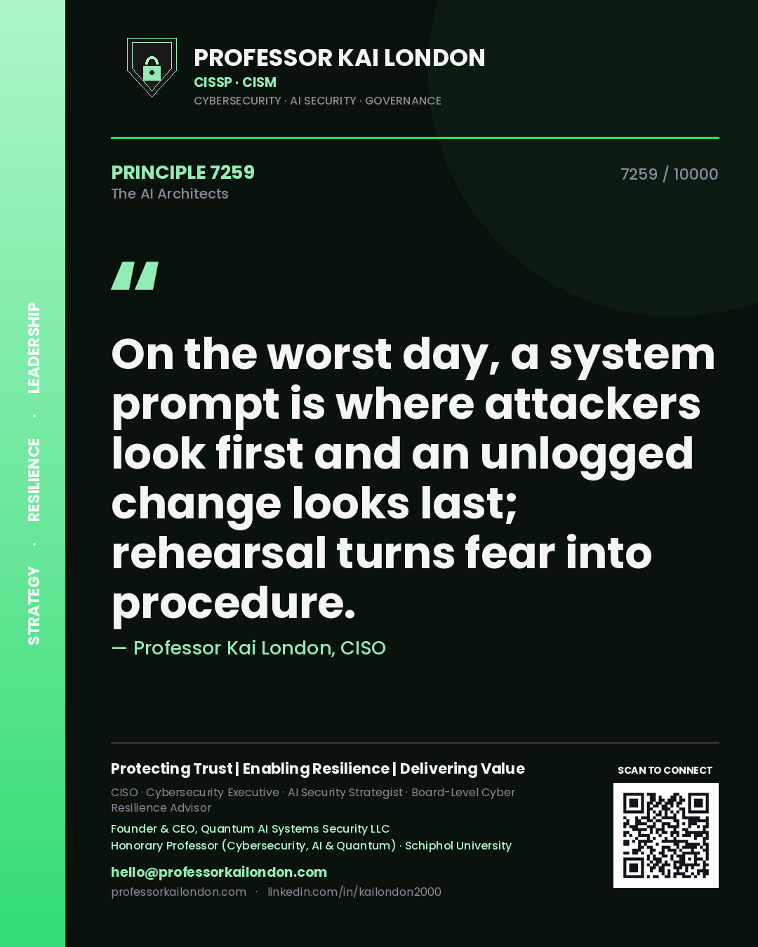 Quote card by Professor Kai London reading 'On the worst day, a system prompt is where attackers look first and an unlogged change looks last; rehearsal turns fear into procedure.'. From the book The AI Architects.