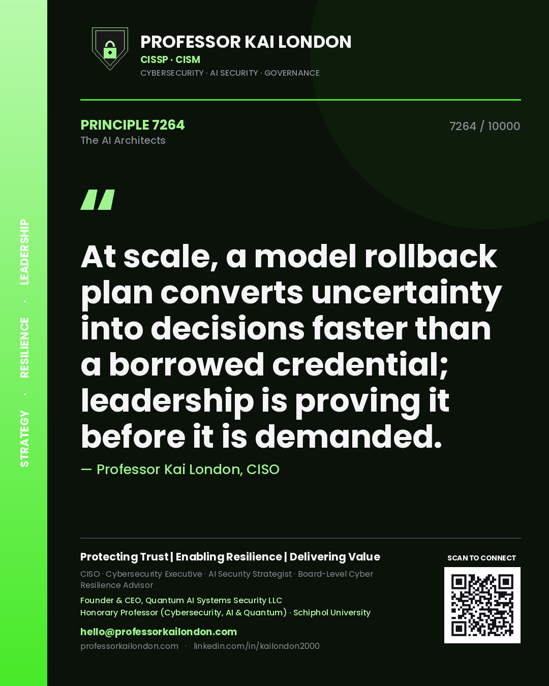 Quote card by Professor Kai London reading 'At scale, a model rollback plan converts uncertainty into decisions faster than a borrowed credential; leadership is proving it before it is demanded.'. From the book The AI Architects.