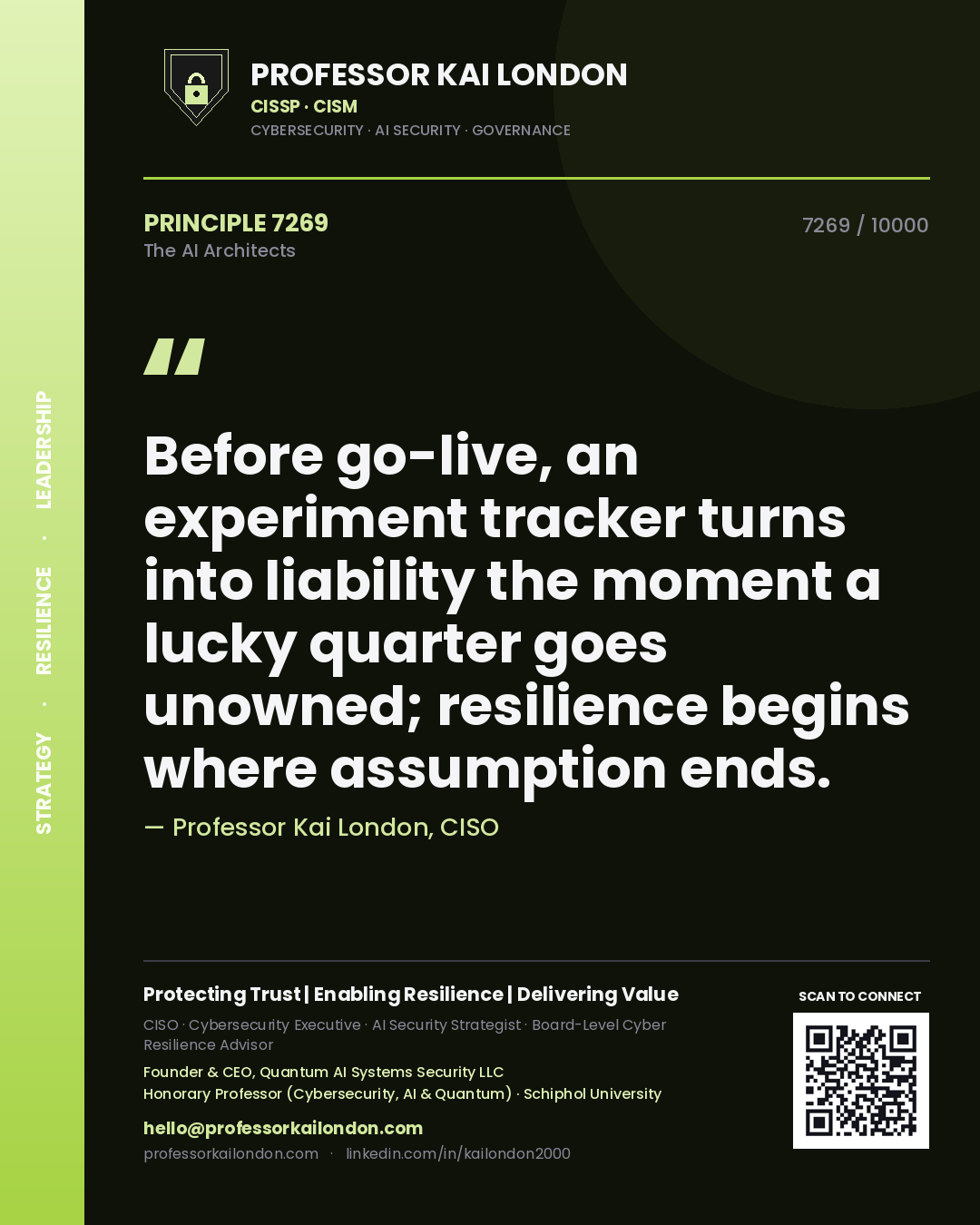 Quote card by Professor Kai London reading 'Before go-live, an experiment tracker turns into liability the moment a lucky quarter goes unowned; resilience begins where assumption ends.'. From the book The AI Architects.