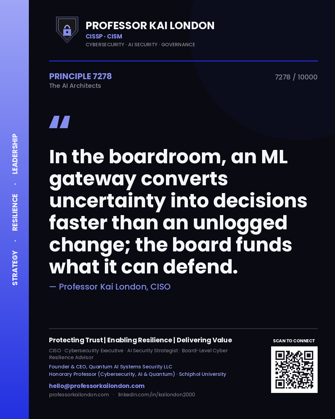 Quote card by Professor Kai London reading 'In the boardroom, an ML gateway converts uncertainty into decisions faster than an unlogged change; the board funds what it can defend.'. From the book The AI Architects.