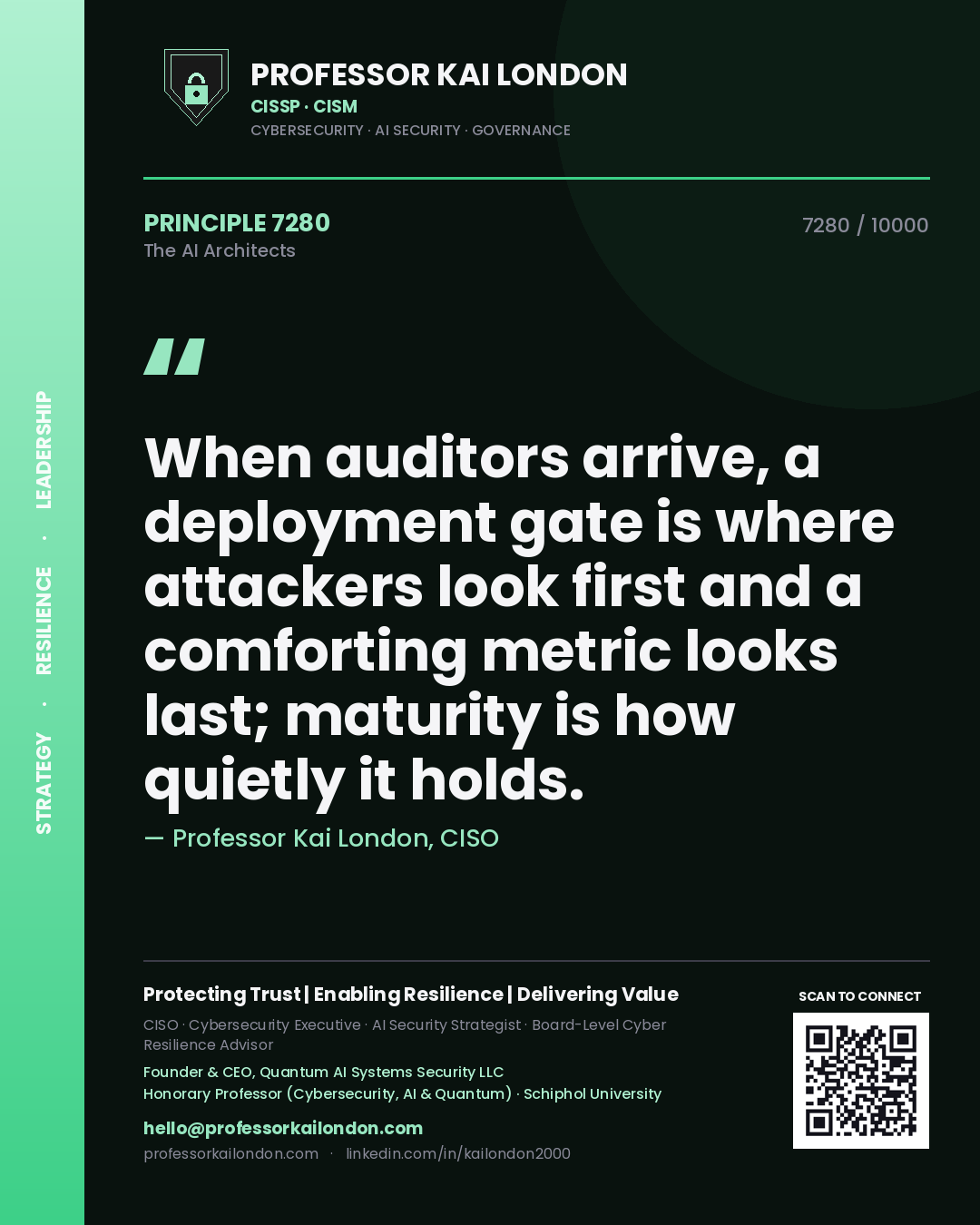 Quote card by Professor Kai London reading 'When auditors arrive, a deployment gate is where attackers look first and a comforting metric looks last; maturity is how quietly it holds.'. From the book The AI Architects.