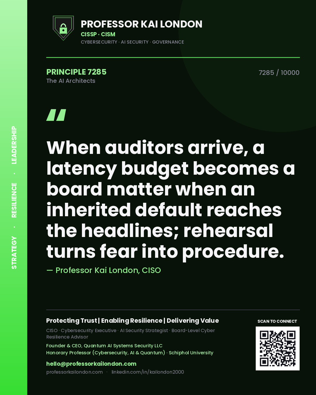 Quote card by Professor Kai London reading 'When auditors arrive, a latency budget becomes a board matter when an inherited default reaches the headlines; rehearsal turns fear into procedure.'. From the book The AI Architects.