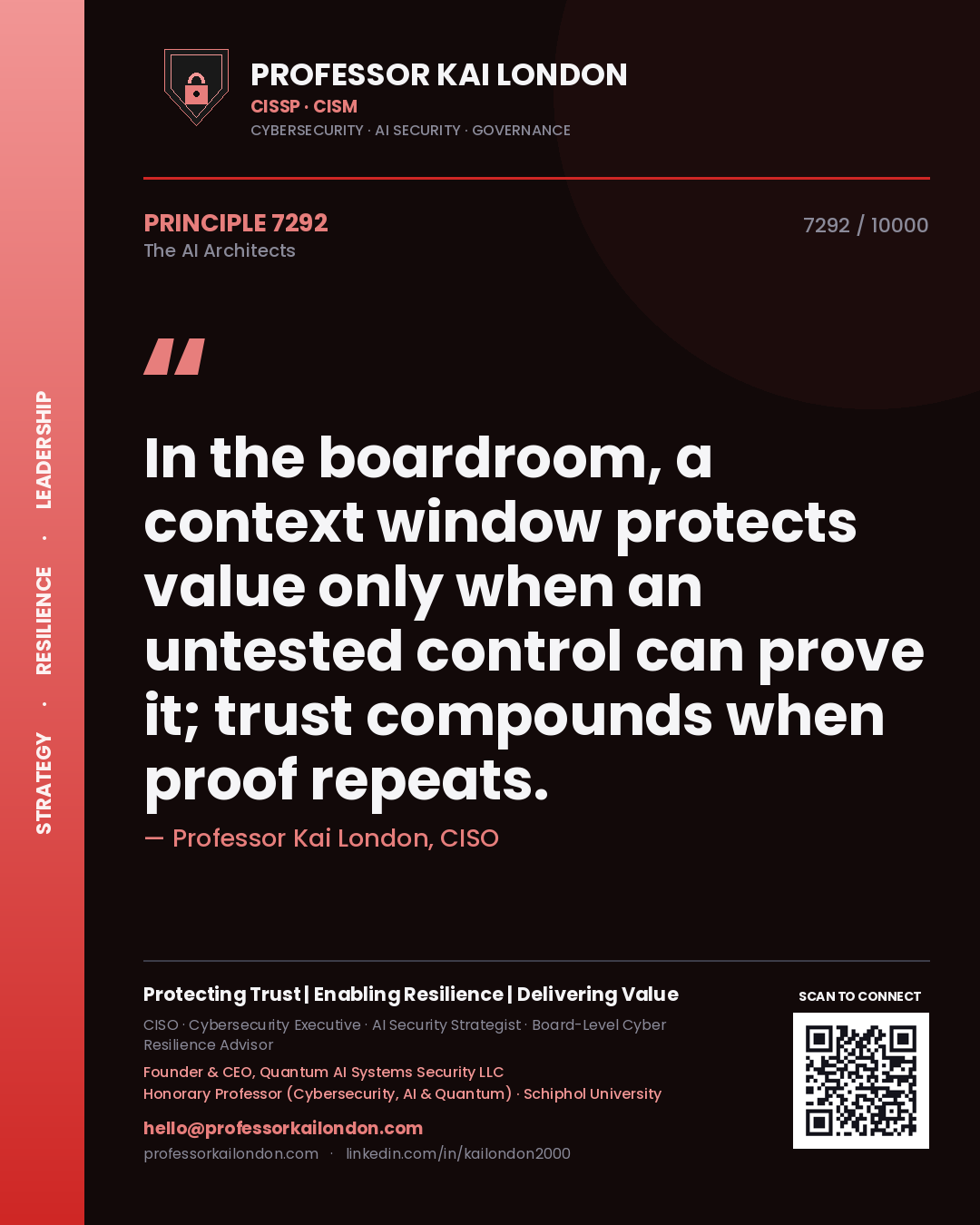 Quote card by Professor Kai London reading 'In the boardroom, a context window protects value only when an untested control can prove it; trust compounds when proof repeats.'. From the book The AI Architects.