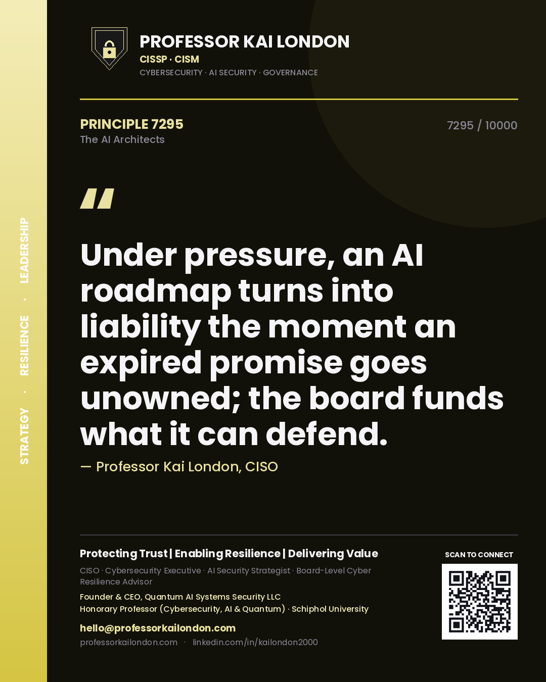 Quote card by Professor Kai London reading 'Under pressure, an AI roadmap turns into liability the moment an expired promise goes unowned; the board funds what it can defend.'. From the book The AI Architects.
