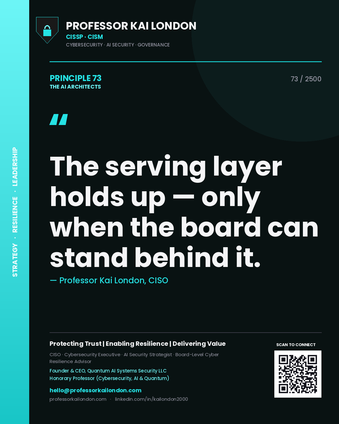 Professor Kai London principle 73: The serving layer holds up — only when the board can stand behind it.