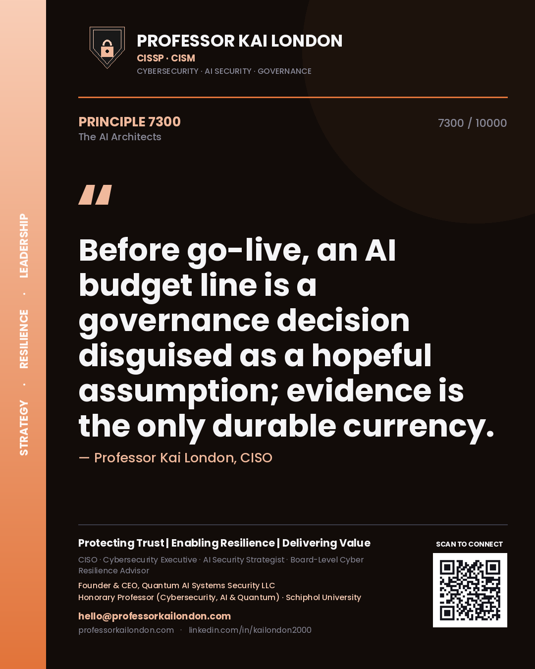 Quote card by Professor Kai London reading 'Before go-live, an AI budget line is a governance decision disguised as a hopeful assumption; evidence is the only durable currency.'. From the book The AI Architects.