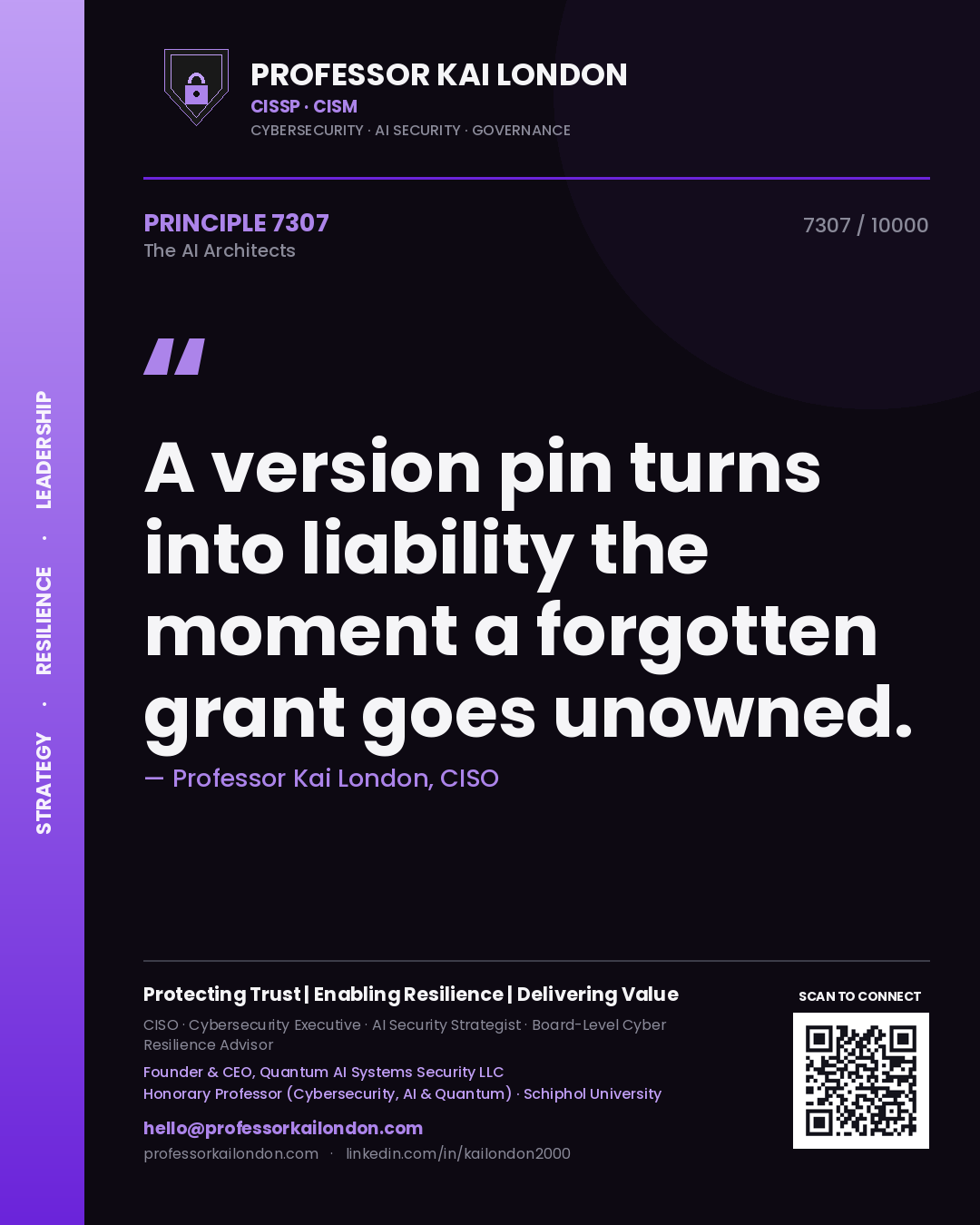 Quote card by Professor Kai London reading 'A version pin turns into liability the moment a forgotten grant goes unowned.'. From the book The AI Architects.