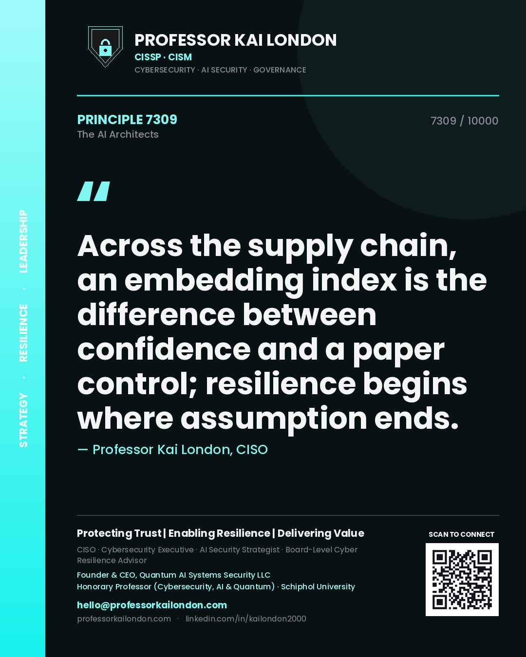 Quote card by Professor Kai London reading 'Across the supply chain, an embedding index is the difference between confidence and a paper control; resilience begins where assumption ends.'. From the book The AI Architects.