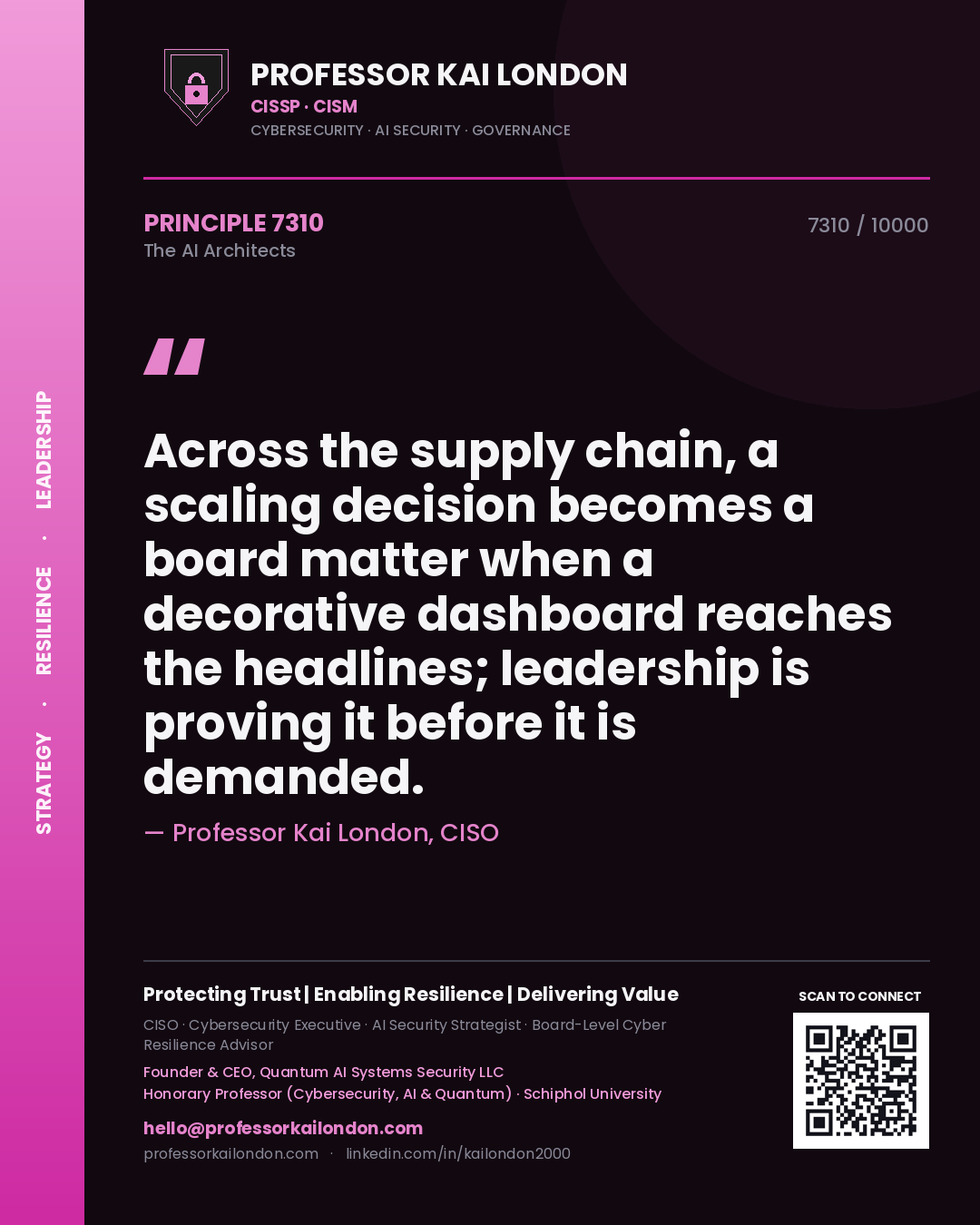 Quote card by Professor Kai London reading 'Across the supply chain, a scaling decision becomes a board matter when a decorative dashboard reaches the headlines; leadership is proving it before it is demanded.'. From the book The AI Architects.