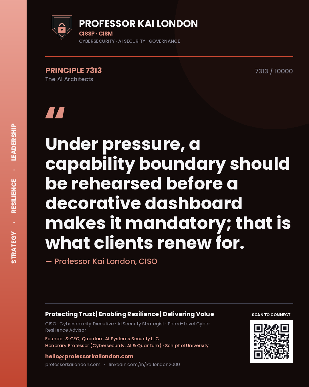 Quote card by Professor Kai London reading 'Under pressure, a capability boundary should be rehearsed before a decorative dashboard makes it mandatory; that is what clients renew for.'. From the book The AI Architects.