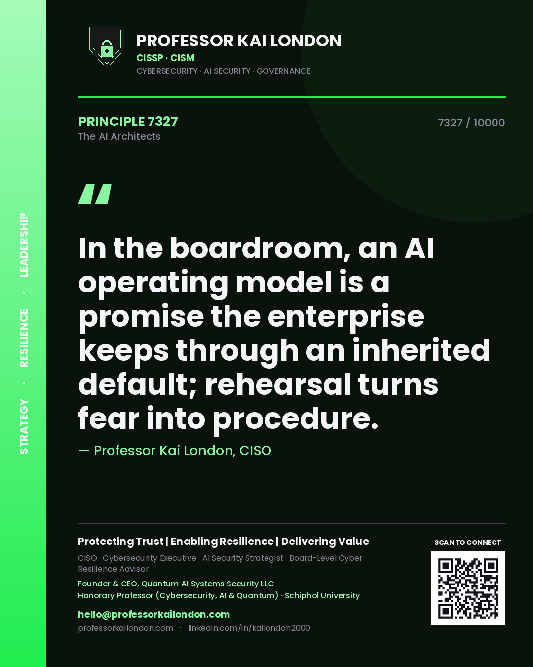 Quote card by Professor Kai London reading 'In the boardroom, an AI operating model is a promise the enterprise keeps through an inherited default; rehearsal turns fear into procedure.'. From the book The AI Architects.
