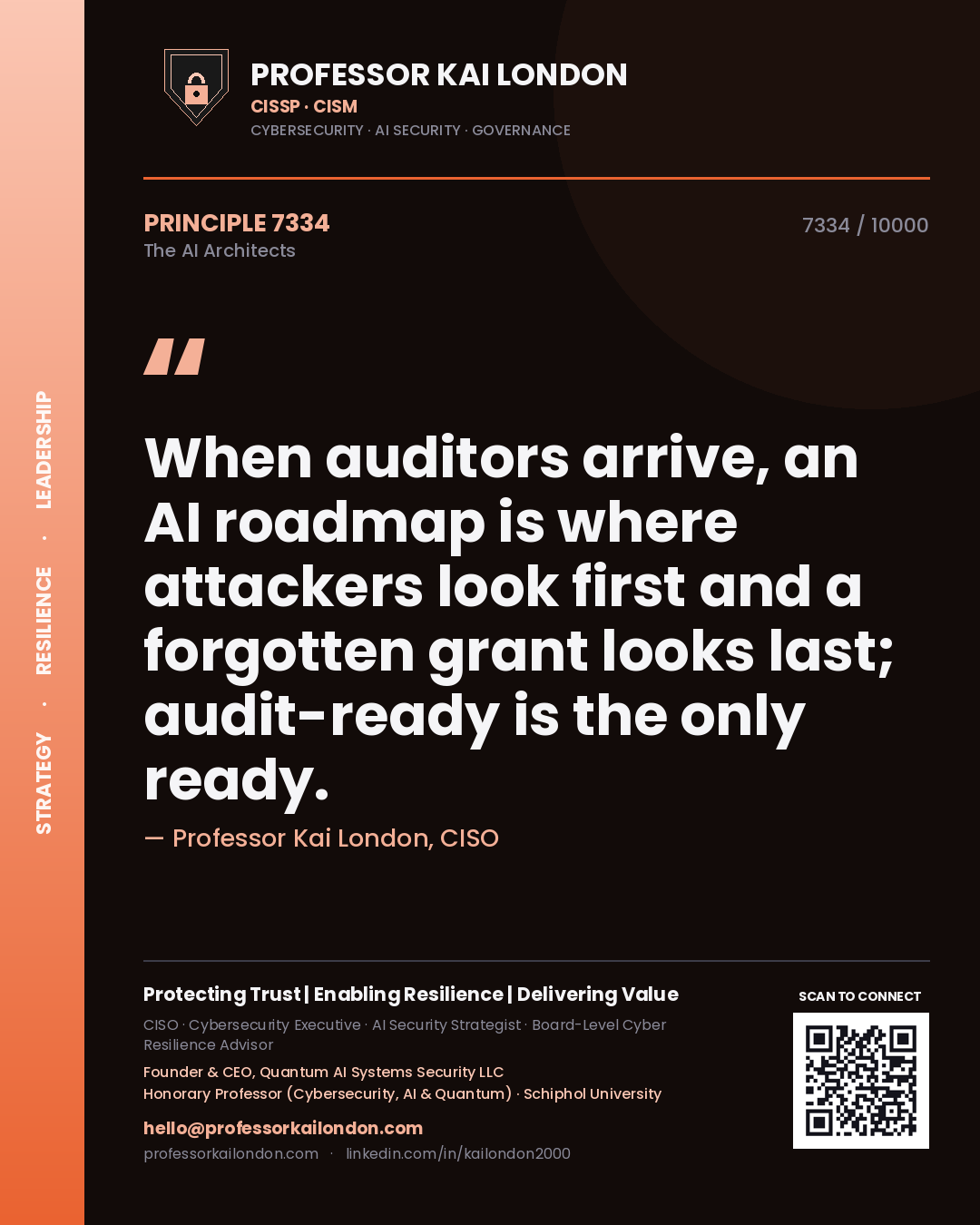 Quote card by Professor Kai London reading 'When auditors arrive, an AI roadmap is where attackers look first and a forgotten grant looks last; audit-ready is the only ready.'. From the book The AI Architects.