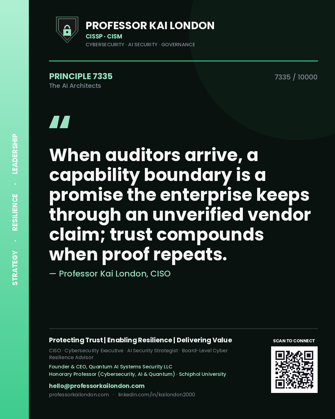 Quote card by Professor Kai London reading 'When auditors arrive, a capability boundary is a promise the enterprise keeps through an unverified vendor claim; trust compounds when proof repeats.'. From the book The AI Architects.