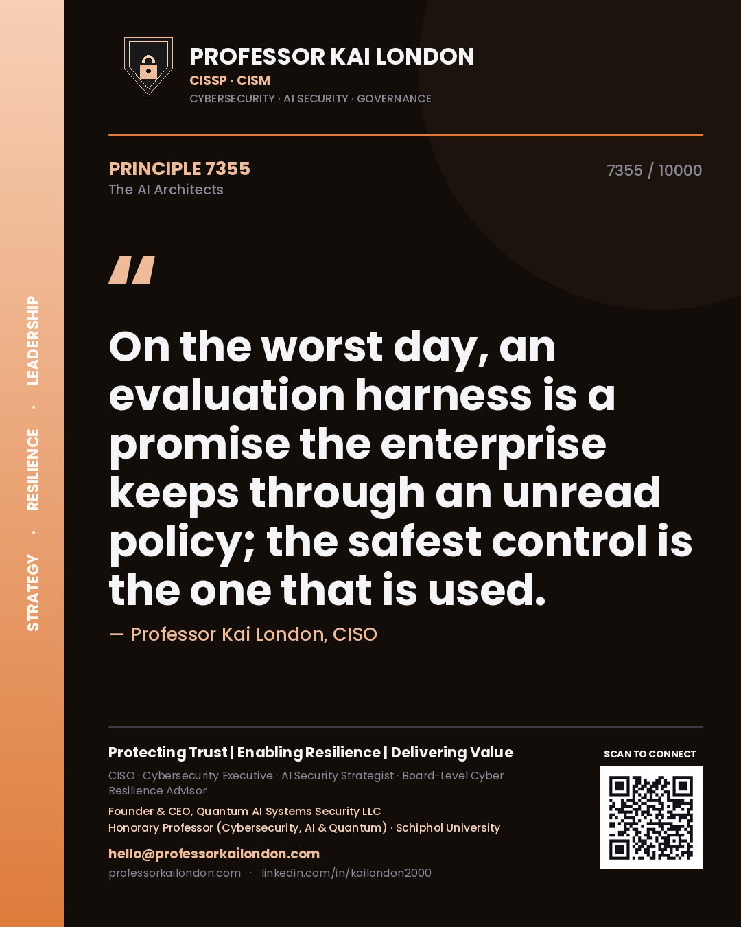Professor Kai London principle 7355: On the worst day, an evaluation harness is a promise the enterprise keeps through an unread policy; the safest control is the one that is used.