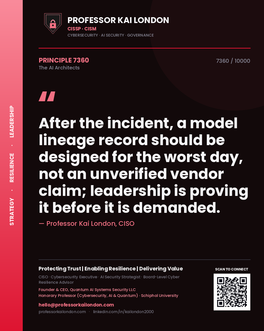 Quote card by Professor Kai London reading 'After the incident, a model lineage record should be designed for the worst day, not an unverified vendor claim; leadership is proving it before it is demanded.'. From the book The AI Architects.