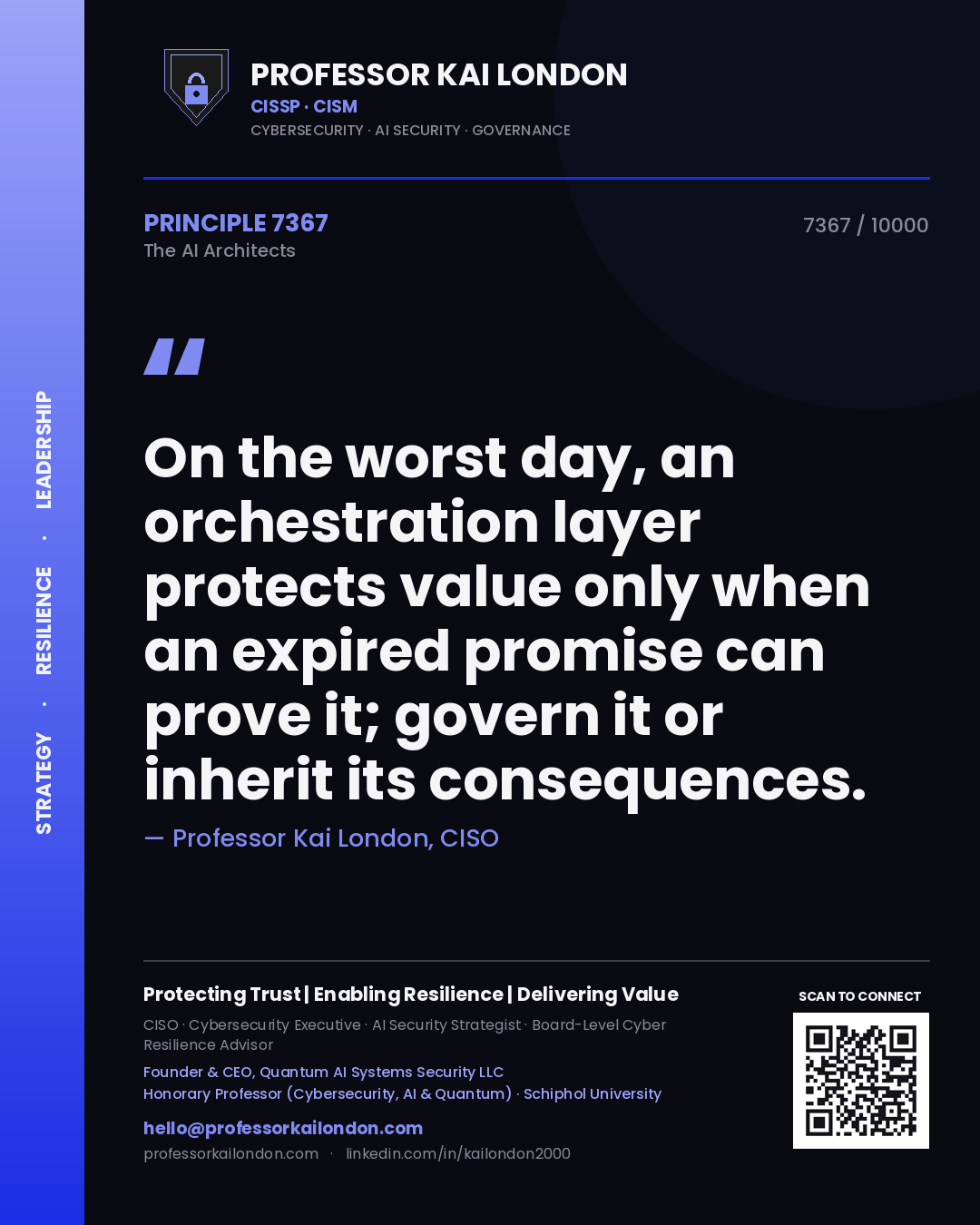 Quote card by Professor Kai London reading 'On the worst day, an orchestration layer protects value only when an expired promise can prove it; govern it or inherit its consequences.'. From the book The AI Architects.