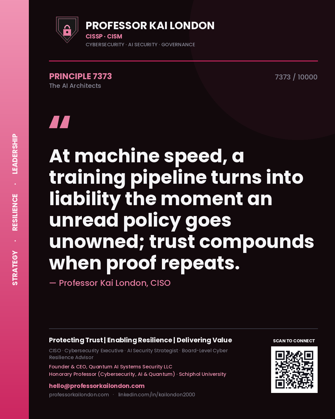 Professor Kai London principle 7373: At machine speed, a training pipeline turns into liability the moment an unread policy goes unowned; trust compounds when proof repeats.