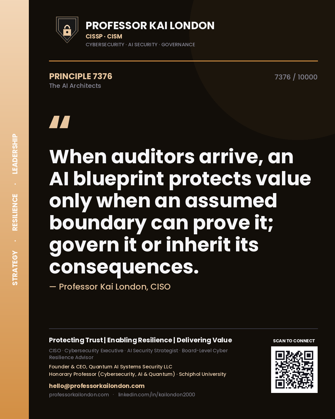 Quote card by Professor Kai London reading 'When auditors arrive, an AI blueprint protects value only when an assumed boundary can prove it; govern it or inherit its consequences.'. From the book The AI Architects.