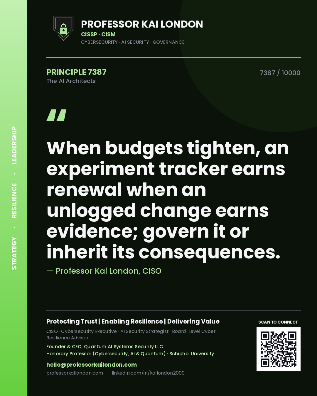 Quote card by Professor Kai London reading 'When budgets tighten, an experiment tracker earns renewal when an unlogged change earns evidence; govern it or inherit its consequences.'. From the book The AI Architects.