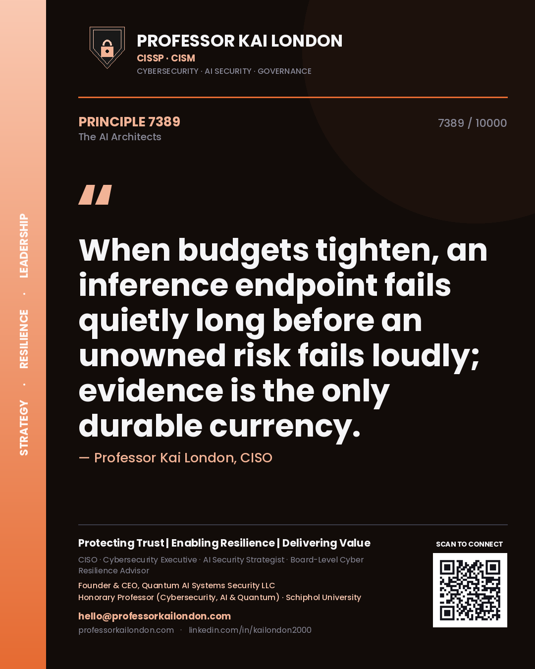 Quote card by Professor Kai London reading 'When budgets tighten, an inference endpoint fails quietly long before an unowned risk fails loudly; evidence is the only durable currency.'. From the book The AI Architects.