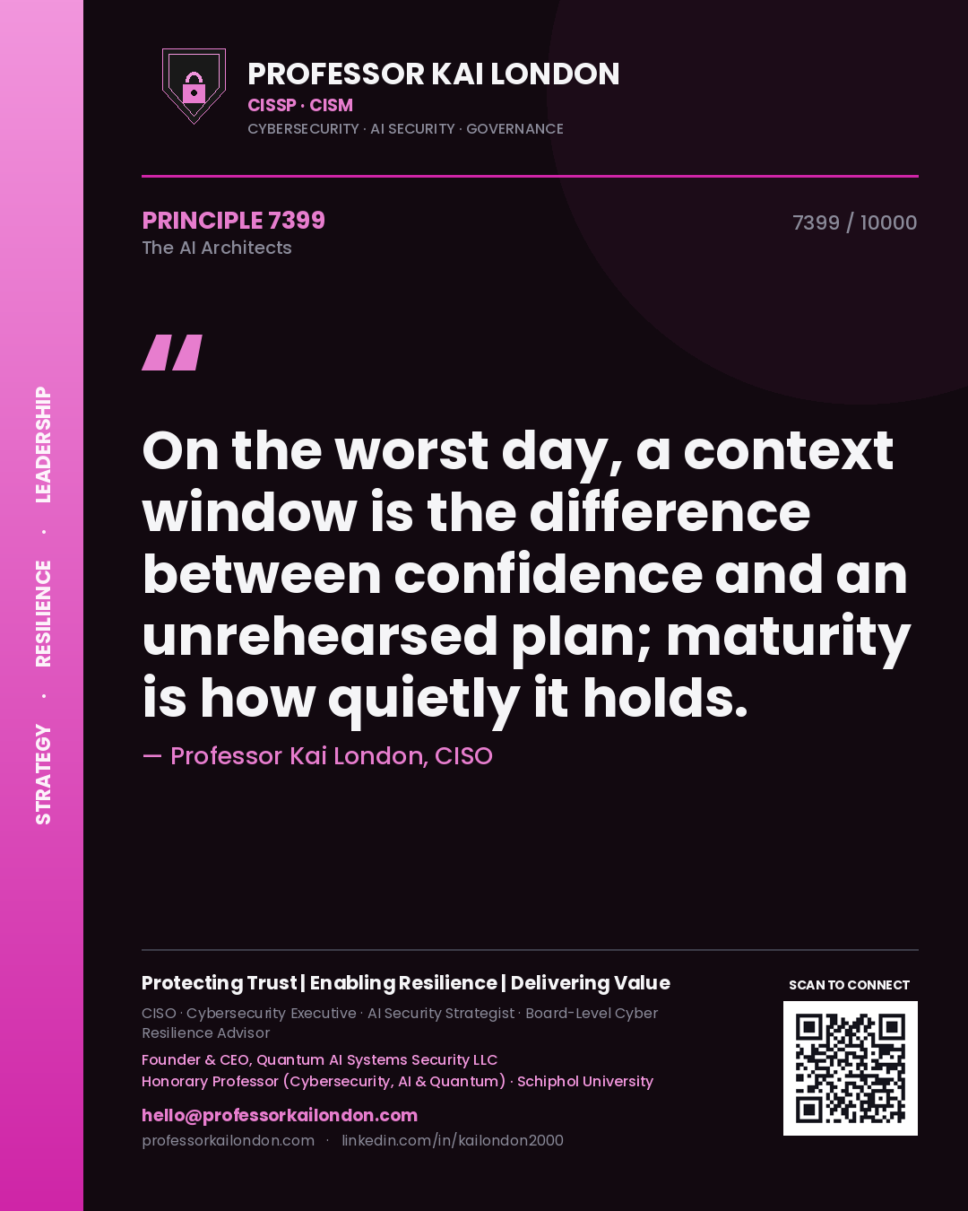 Quote card by Professor Kai London reading 'On the worst day, a context window is the difference between confidence and an unrehearsed plan; maturity is how quietly it holds.'. From the book The AI Architects.