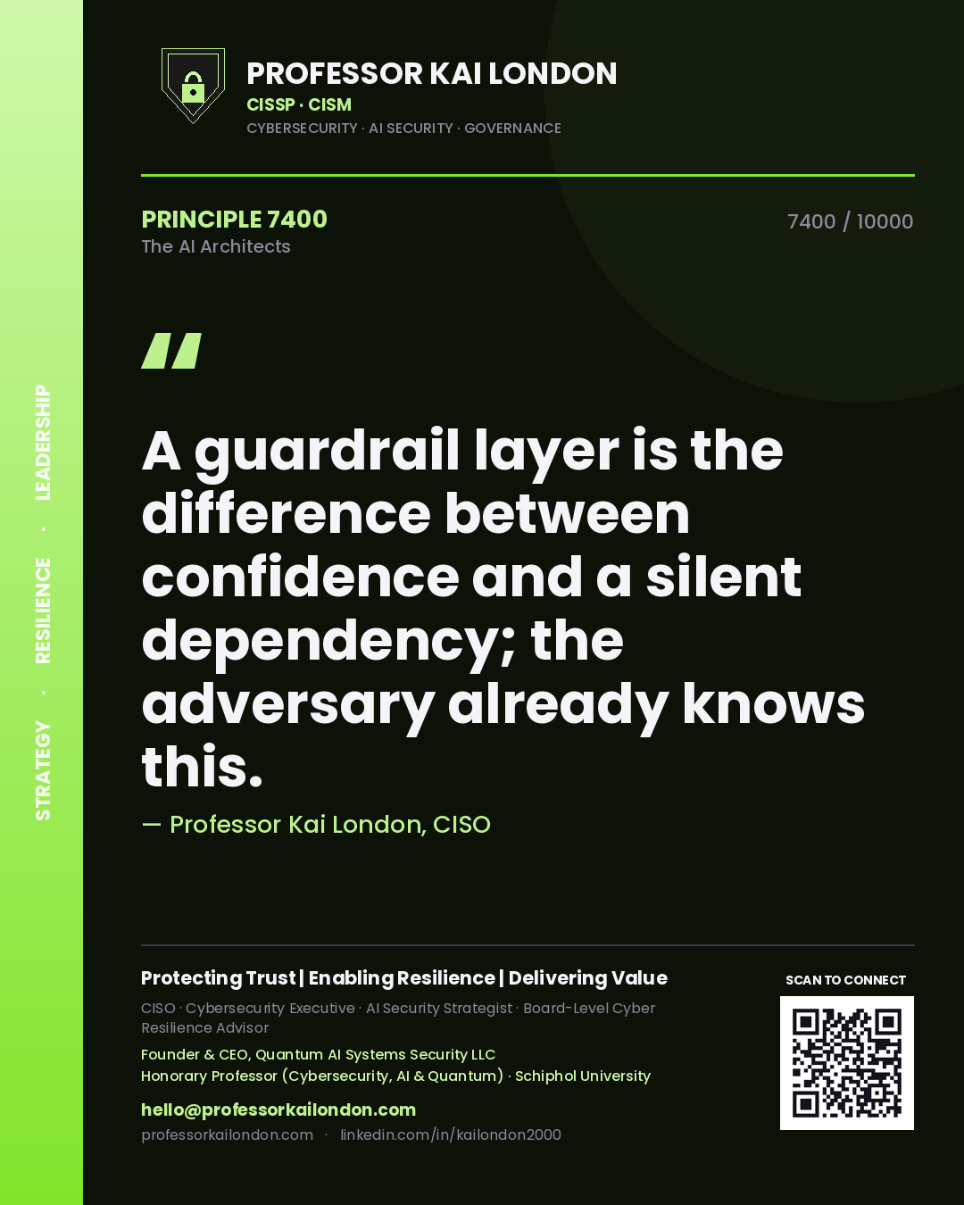 Quote card by Professor Kai London reading 'A guardrail layer is the difference between confidence and a silent dependency; the adversary already knows this.'. From the book The AI Architects.