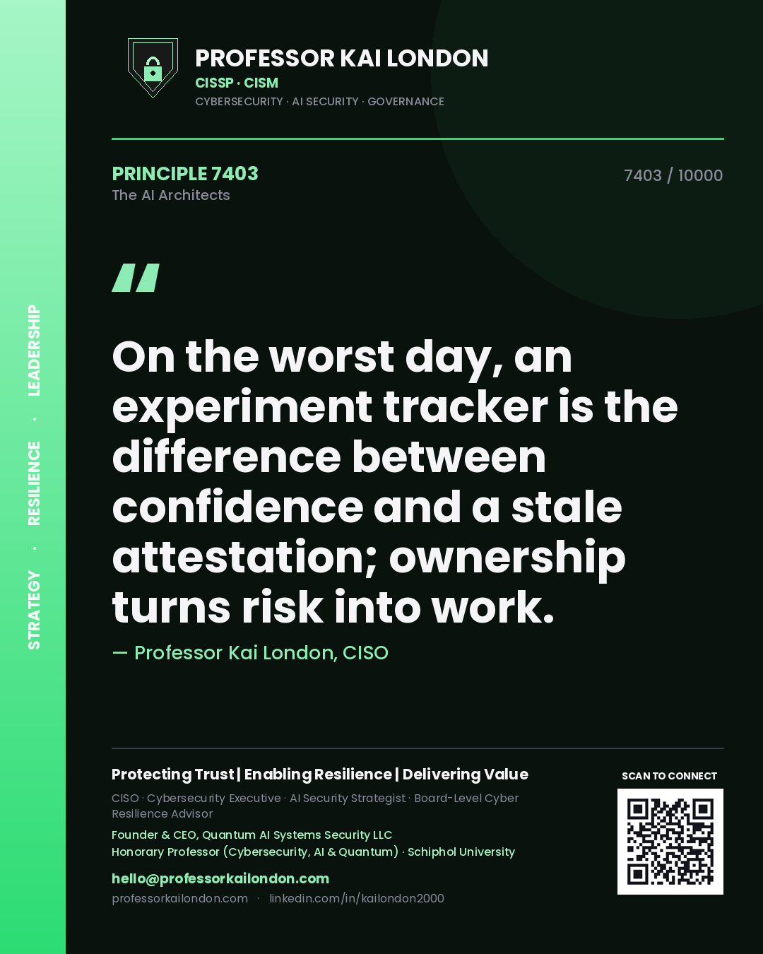Quote card by Professor Kai London reading 'On the worst day, an experiment tracker is the difference between confidence and a stale attestation; ownership turns risk into work.'. From the book The AI Architects.