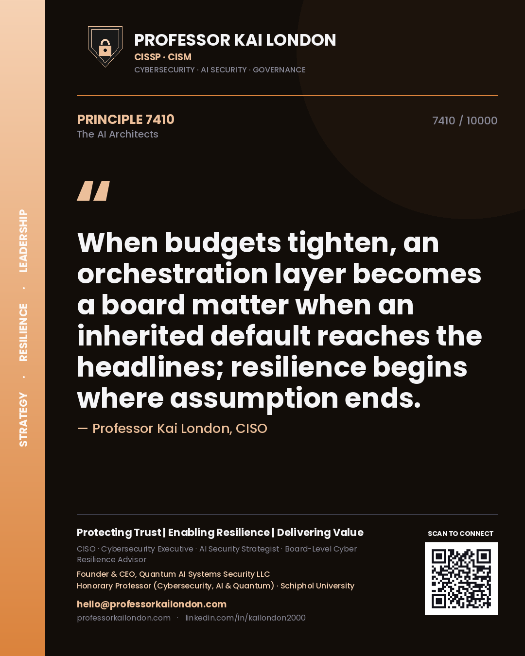 Quote card by Professor Kai London reading 'When budgets tighten, an orchestration layer becomes a board matter when an inherited default reaches the headlines; resilience begins where assumption ends.'. From the book The AI Architects.