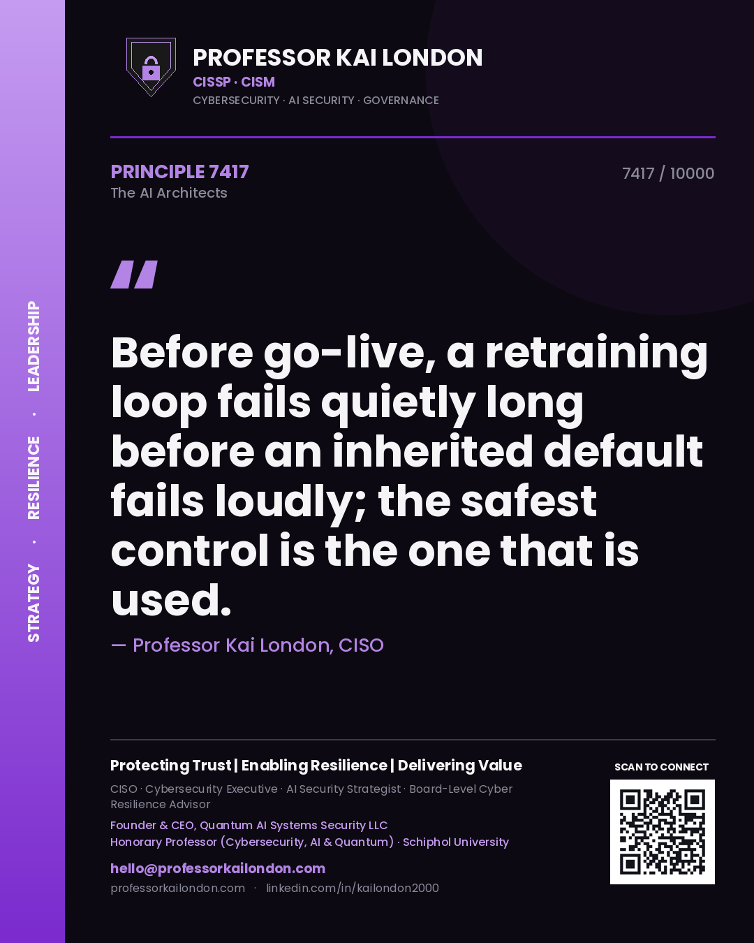 Quote card by Professor Kai London reading 'Before go-live, a retraining loop fails quietly long before an inherited default fails loudly; the safest control is the one that is used.'. From the book The AI Architects.