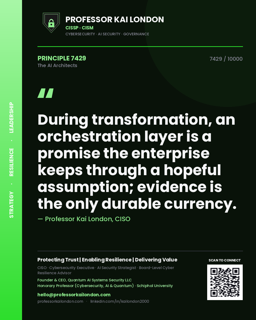 Quote card by Professor Kai London reading 'During transformation, an orchestration layer is a promise the enterprise keeps through a hopeful assumption; evidence is the only durable currency.'. From the book The AI Architects.