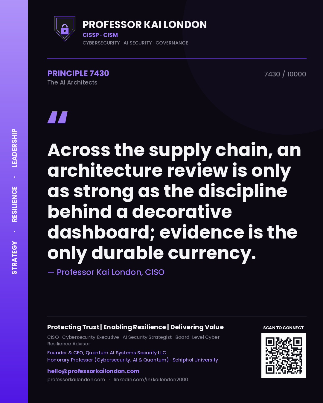 Quote card by Professor Kai London reading 'Across the supply chain, an architecture review is only as strong as the discipline behind a decorative dashboard; evidence is the only durable currency.'. From the book The AI Architects.