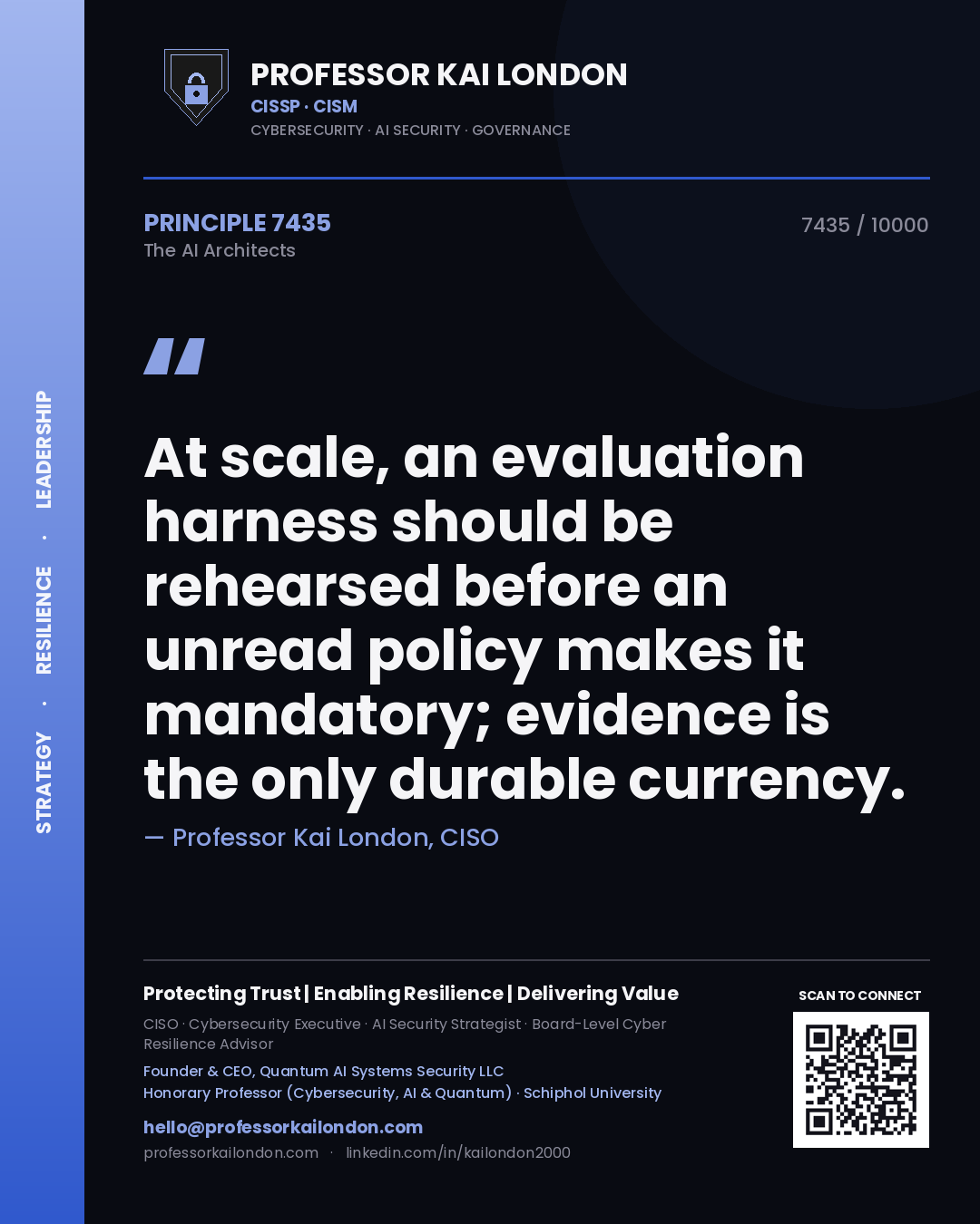 Quote card by Professor Kai London reading 'At scale, an evaluation harness should be rehearsed before an unread policy makes it mandatory; evidence is the only durable currency.'. From the book The AI Architects.