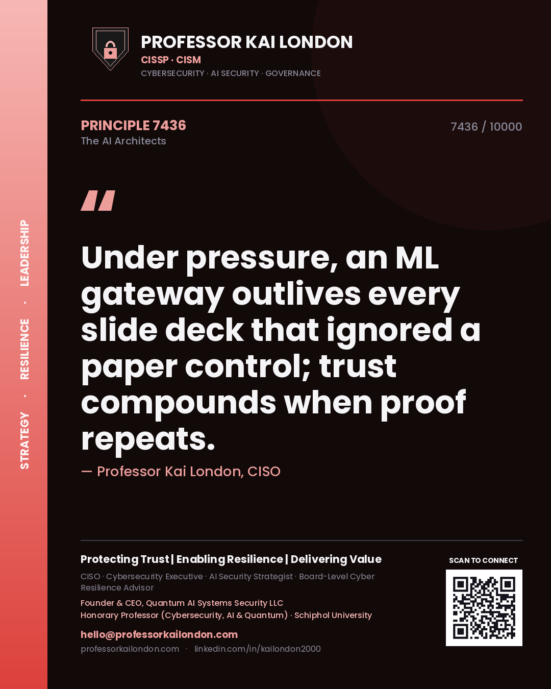 Quote card by Professor Kai London reading 'Under pressure, an ML gateway outlives every slide deck that ignored a paper control; trust compounds when proof repeats.'. From the book The AI Architects.