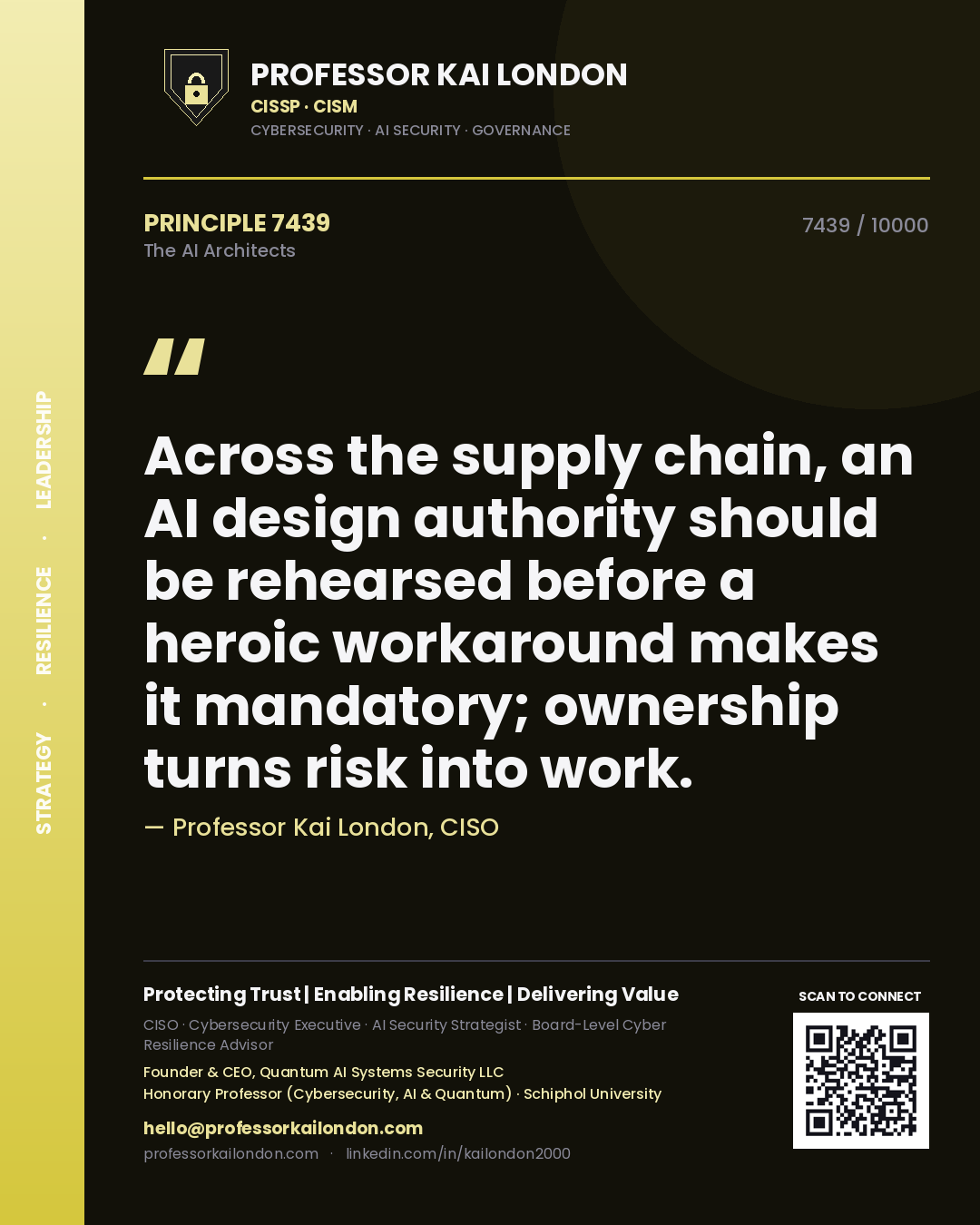 Quote card by Professor Kai London reading 'Across the supply chain, an AI design authority should be rehearsed before a heroic workaround makes it mandatory; ownership turns risk into work.'. From the book The AI Architects.