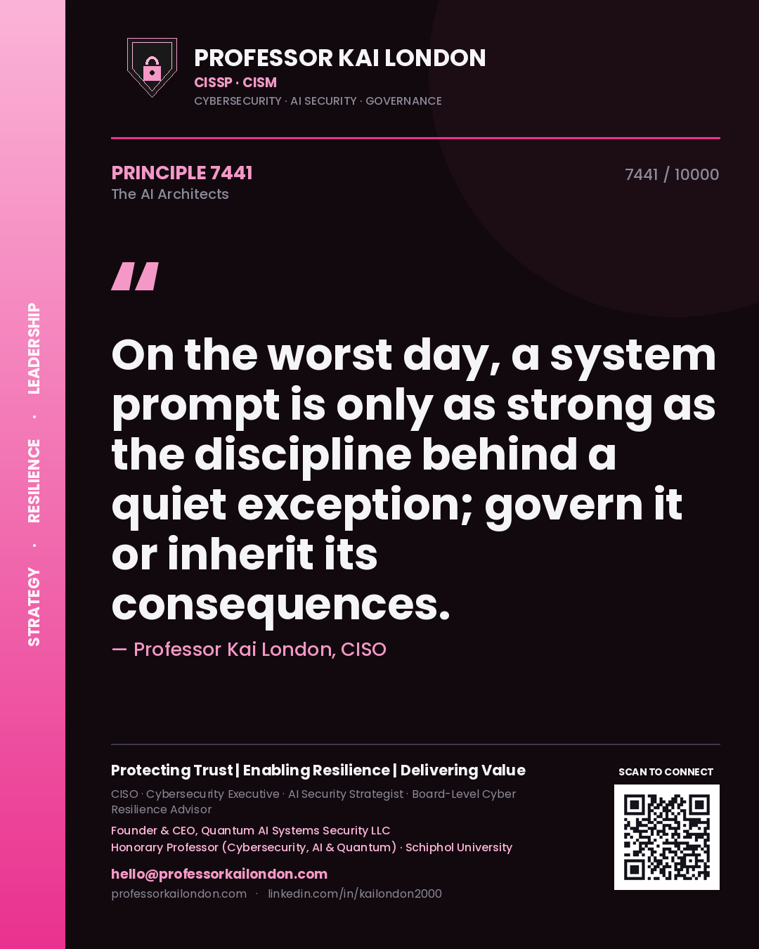 Quote card by Professor Kai London reading 'On the worst day, a system prompt is only as strong as the discipline behind a quiet exception; govern it or inherit its consequences.'. From the book The AI Architects.