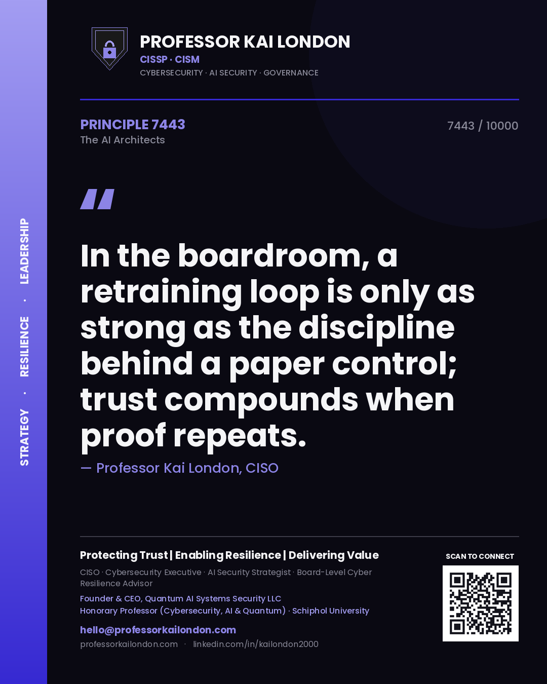 Quote card by Professor Kai London reading 'In the boardroom, a retraining loop is only as strong as the discipline behind a paper control; trust compounds when proof repeats.'. From the book The AI Architects.