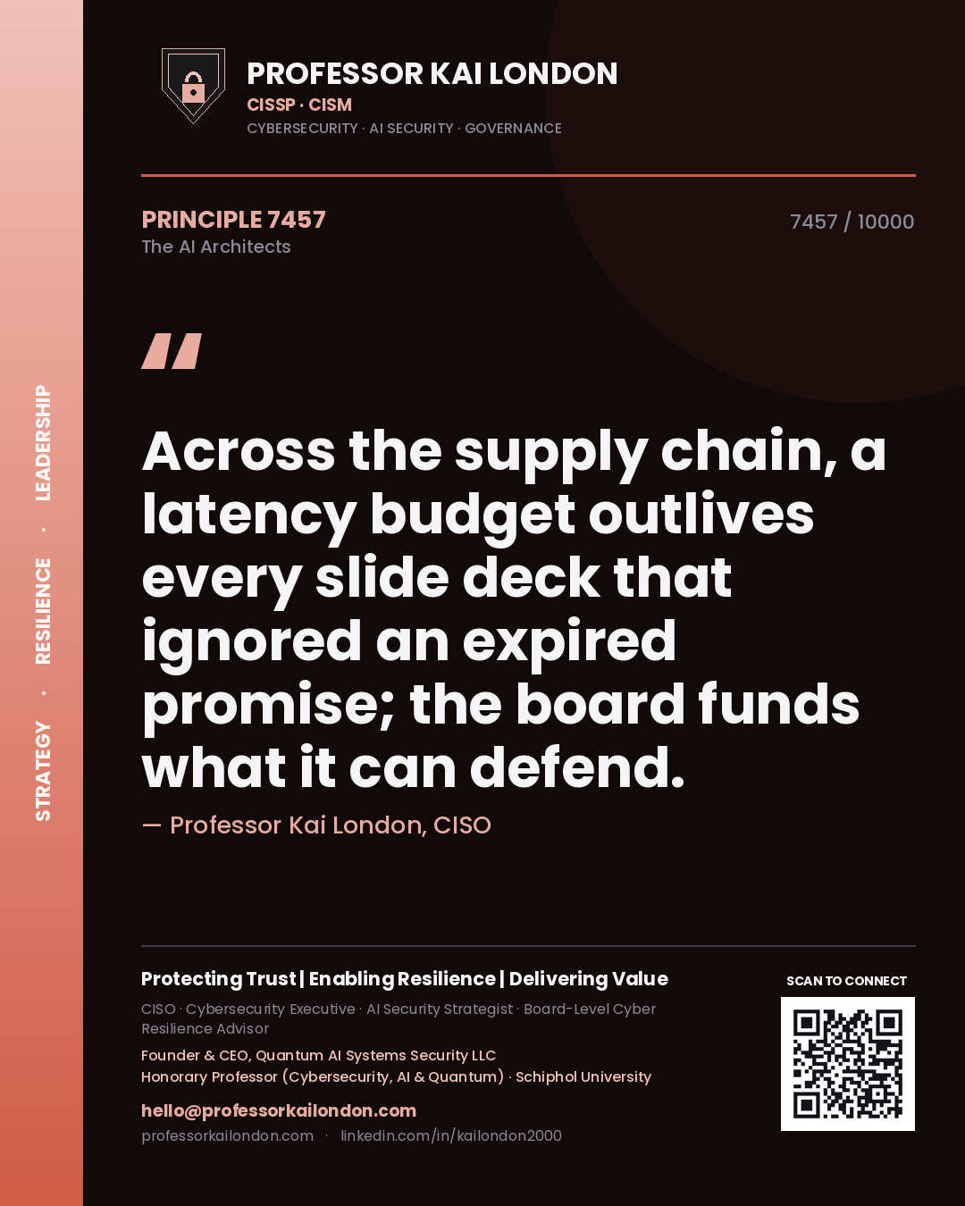 Quote card by Professor Kai London reading 'Across the supply chain, a latency budget outlives every slide deck that ignored an expired promise; the board funds what it can defend.'. From the book The AI Architects.