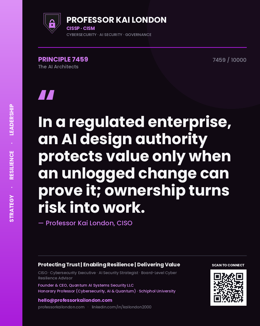 Quote card by Professor Kai London reading 'In a regulated enterprise, an AI design authority protects value only when an unlogged change can prove it; ownership turns risk into work.'. From the book The AI Architects.