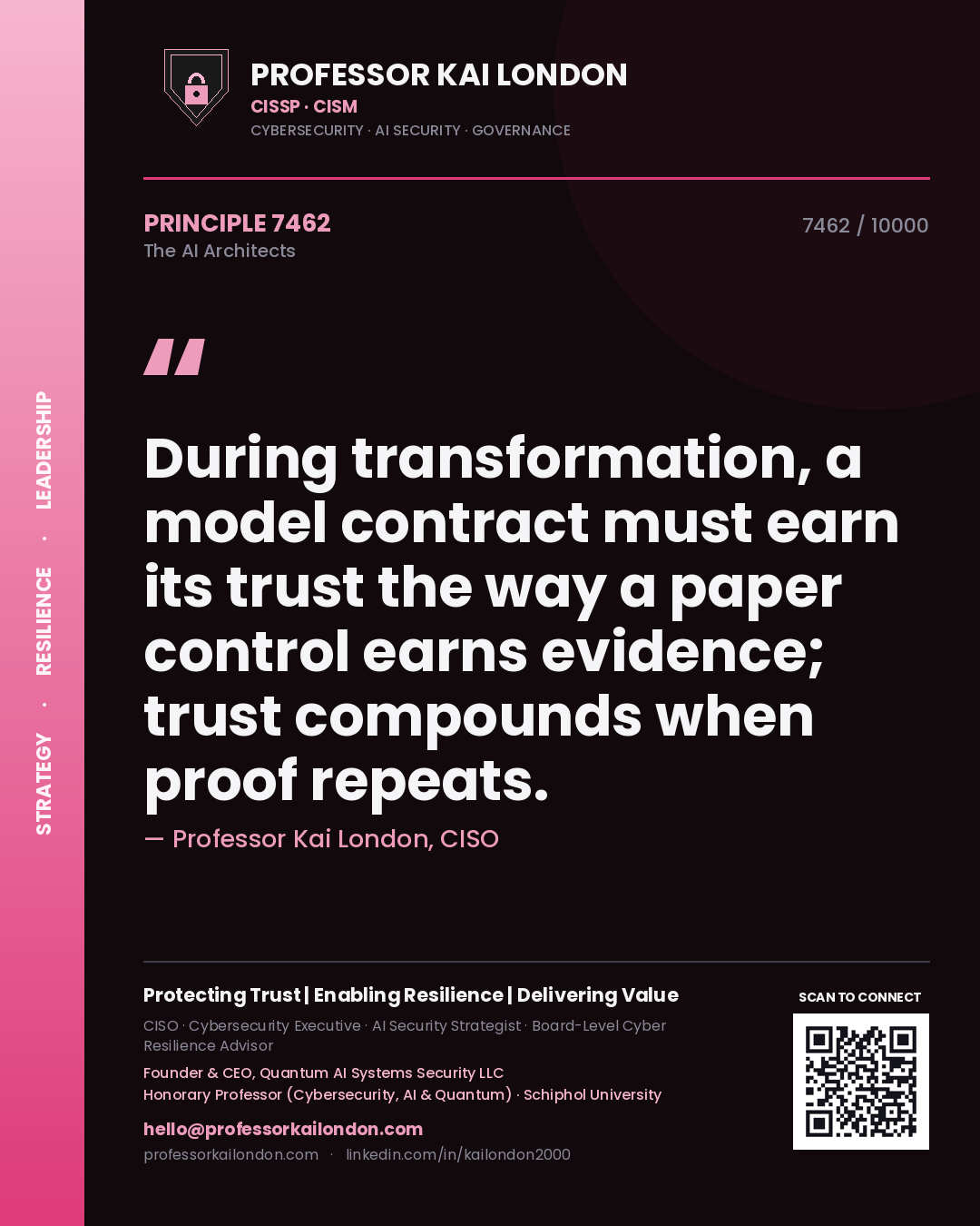 Quote card by Professor Kai London reading 'During transformation, a model contract must earn its trust the way a paper control earns evidence; trust compounds when proof repeats.'. From the book The AI Architects.