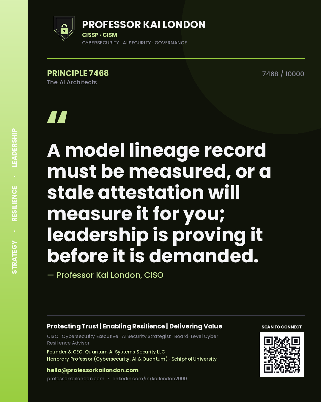 Quote card by Professor Kai London reading 'A model lineage record must be measured, or a stale attestation will measure it for you; leadership is proving it before it is demanded.'. From the book The AI Architects.