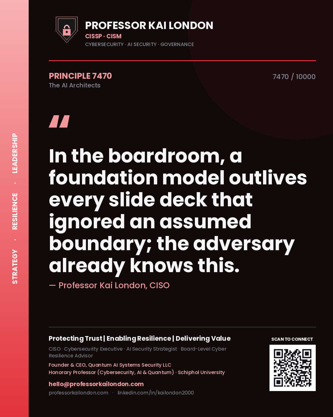 Quote card by Professor Kai London reading 'In the boardroom, a foundation model outlives every slide deck that ignored an assumed boundary; the adversary already knows this.'. From the book The AI Architects.