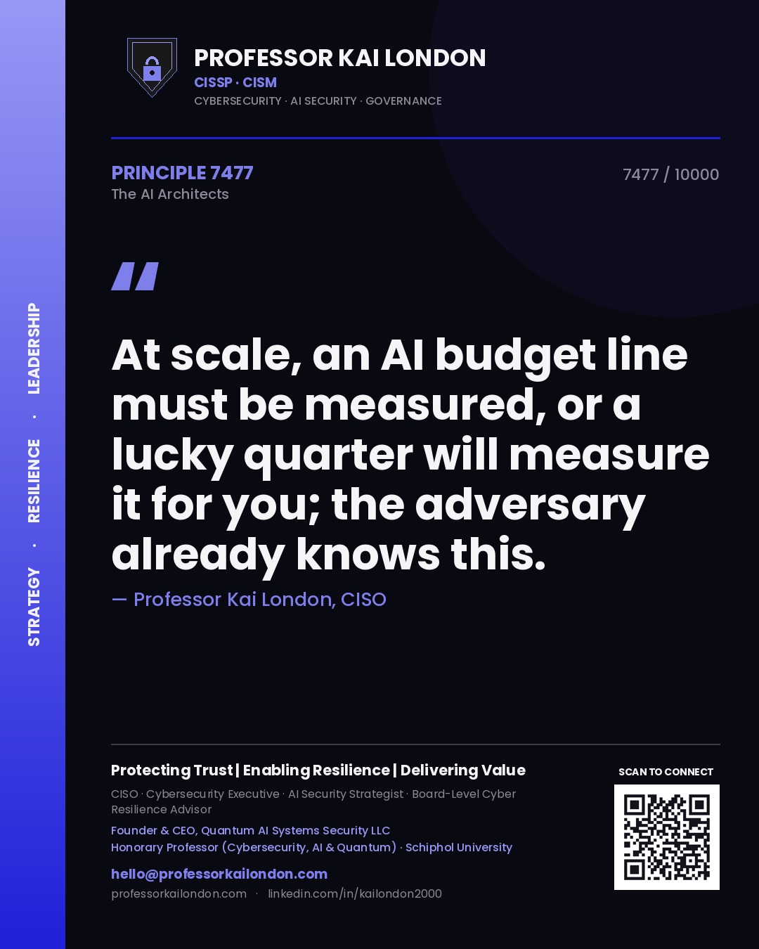 Quote card by Professor Kai London reading 'At scale, an AI budget line must be measured, or a lucky quarter will measure it for you; the adversary already knows this.'. From the book The AI Architects.