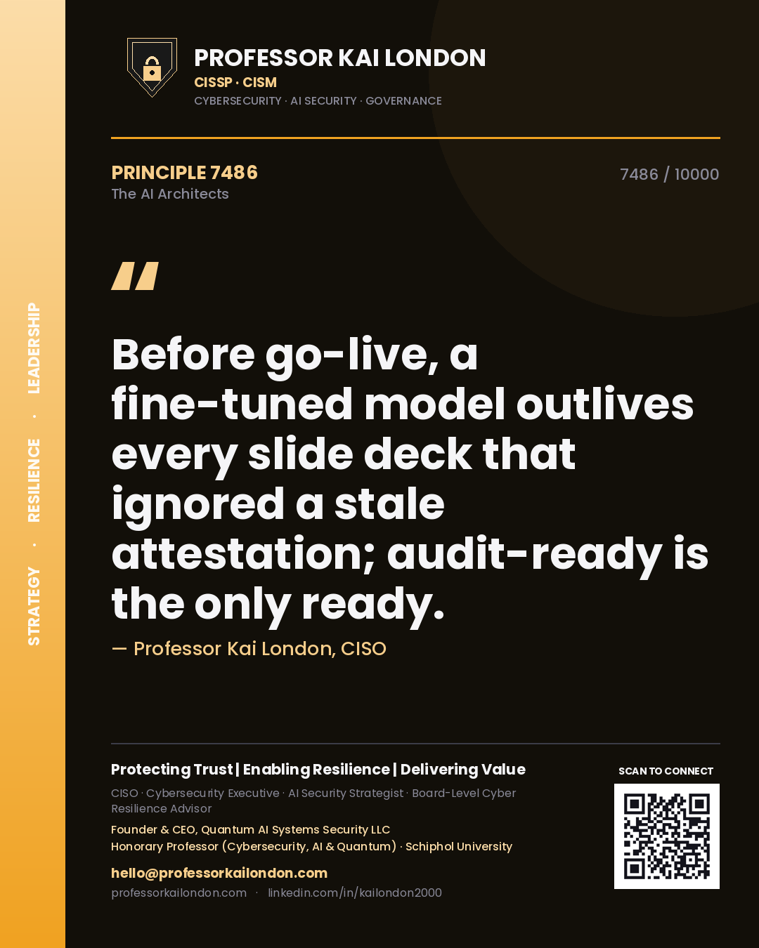 Quote card by Professor Kai London reading 'Before go-live, a fine-tuned model outlives every slide deck that ignored a stale attestation; audit-ready is the only ready.'. From the book The AI Architects.