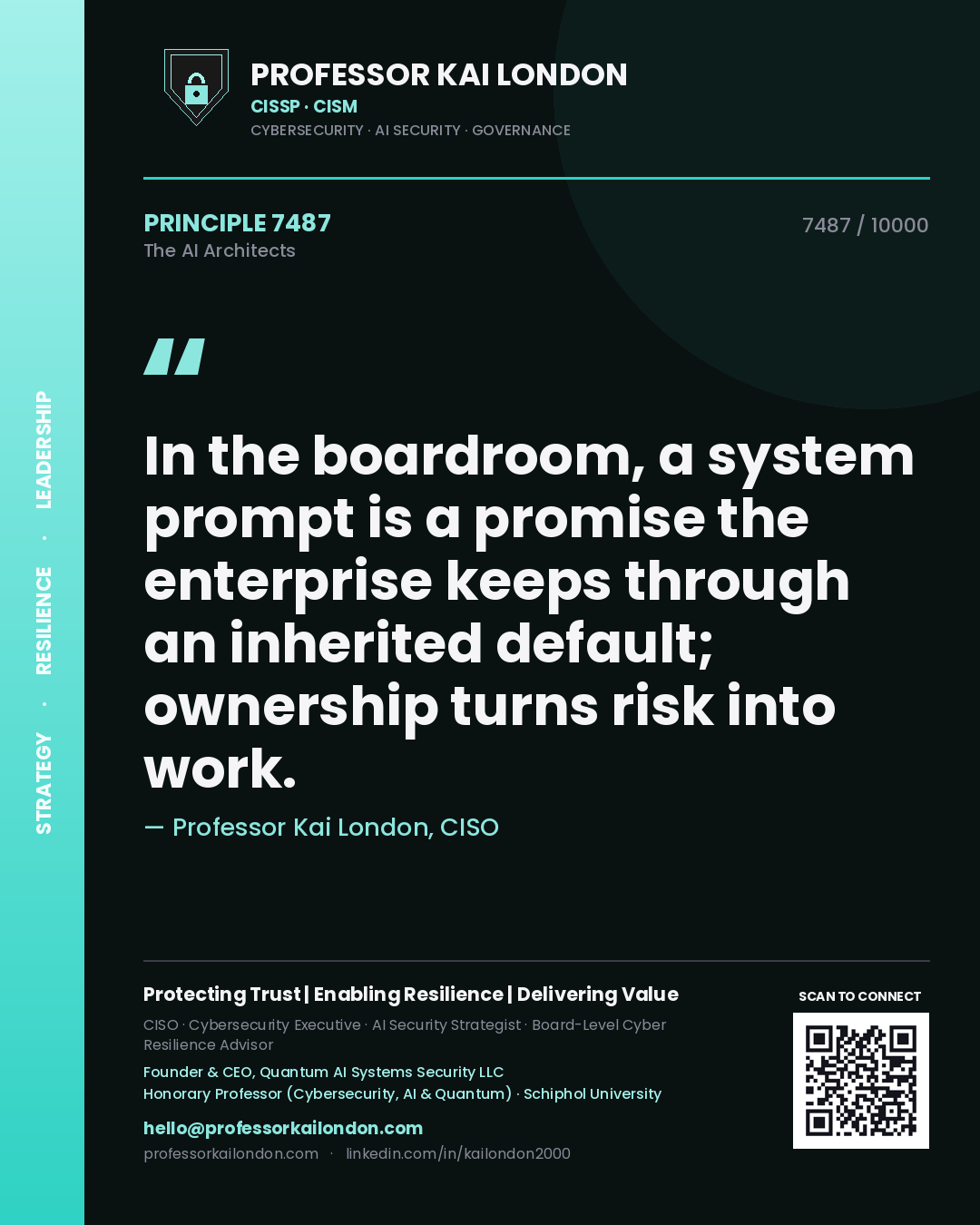 Quote card by Professor Kai London reading 'In the boardroom, a system prompt is a promise the enterprise keeps through an inherited default; ownership turns risk into work.'. From the book The AI Architects.